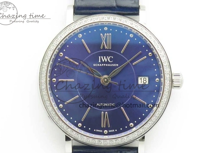 MIROTIME 0210 Fashionable Portofino IW458101 Diamond Bezel SS MK 1:1 Best Edition Blue Dial On Blue Leather Strap MIYOTA 7169